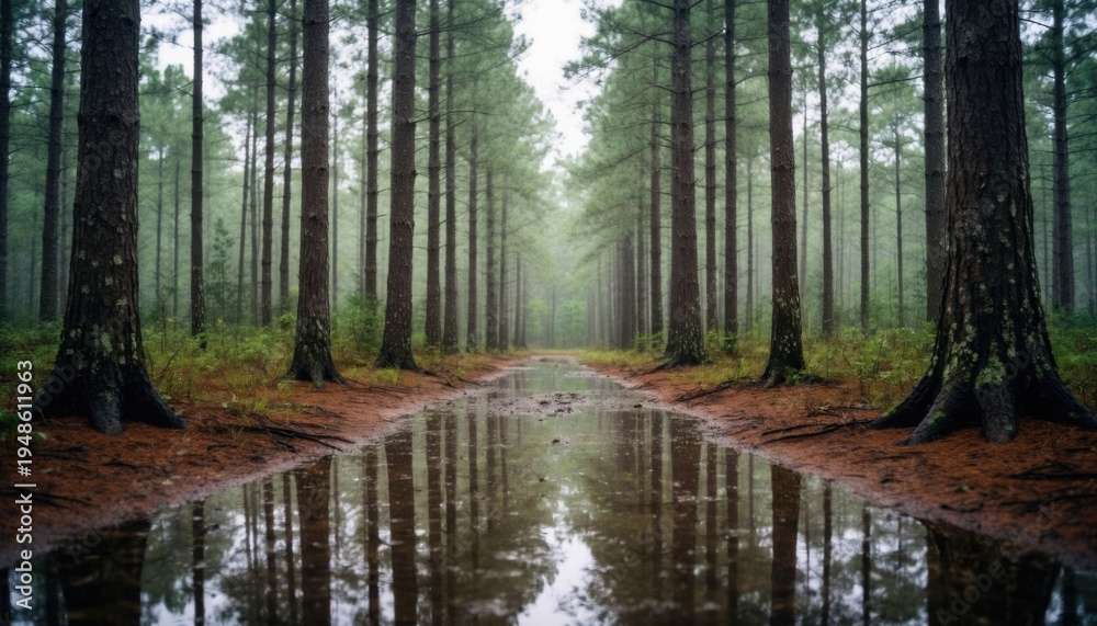Obraz premium Misty forest pathway with tall pine trees reflecting in calm water during serene sunrise nature scene