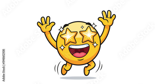 Cartoon emoji character with star eyes jumping up in the air with excitement on a white background.