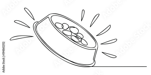 Pet food bowl vector illustration in continuous line art style with food pieces