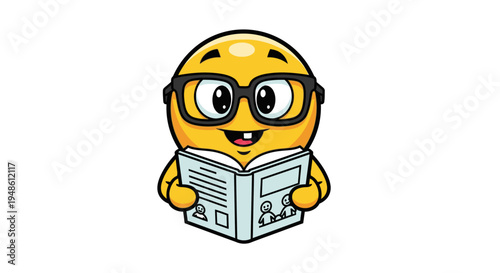 A cheerful cartoon character with glasses reads a book on a plain white background in a close-up portrait with bright and playful mood.