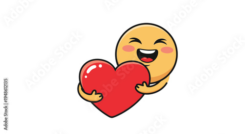 A cheerful emoticon character holding a red heart on a white background with a joyful and loving mood.