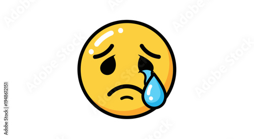 A cartoon crying face emoji with a frowning expression and a single blue tear drop on a plain white background.