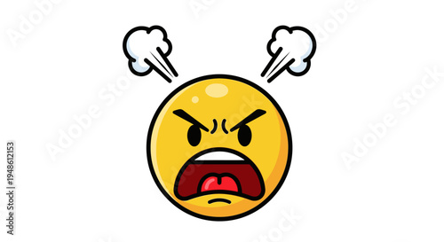Angry yellow emoticon with furrowed eyebrows and steam coming out of head on a white background with a frustrated mood.