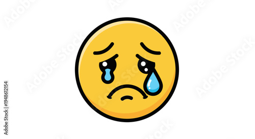 A cartoon crying face emoji with tears and a frowning expression on a plain white background with a sad mood.