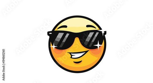 Smiling emoji wearing sunglasses with rosy cheeks on a plain white background in a playful and cheerful mood.