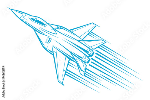 Blue line jet aircraft vector sketch showing top view of supersonic fighter plane
