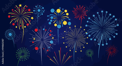 Vibrant fireworks exploding in the night sky with colorful bursts of red, blue, and yellow against a dark blue background.