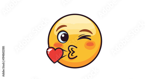 Digital illustration of a winking yellow emoticon with a red heart on its cheek against a white background.