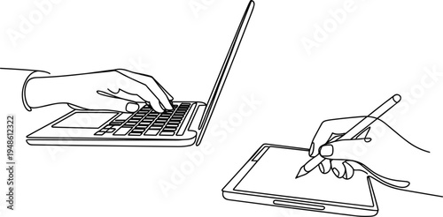 Minimalist digital work continuous line drawing, elegant laptop tablet art flat vector