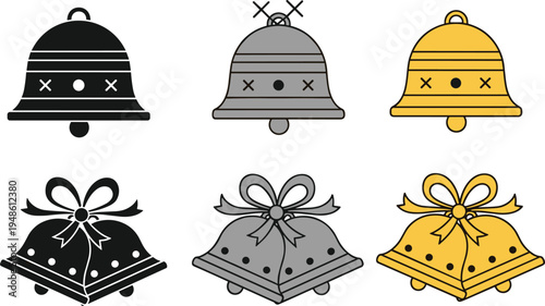 Christmas bell vector illustration set festive holiday jingle bells outline silhouette and colored decoration icons isolated on white background