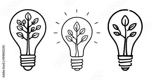 Tree-lightbulb set with minimalist pictogram inside a bright green idea symbol featuring bold lines, simple illustration, green color with white background and corporate icon