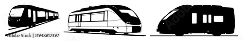 Hydrogen-powered commuter train set with a sleek aerodynamic design featuring a solid black silhouette, mass transit and futuristic transportation with 2026 and clean energy