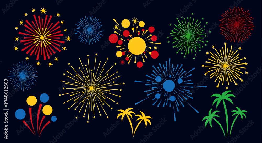 Fototapeta premium Colorful fireworks exploding in the night sky with palm trees silhouetted below, against a dark background.