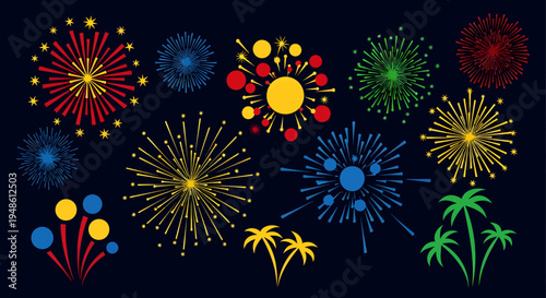 Colorful fireworks exploding in the night sky with palm trees silhouetted below, against a dark background.