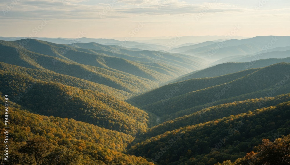 Obraz premium Panoramic autumn mountain valley with golden forests misty sunrise scenic landscape nature view