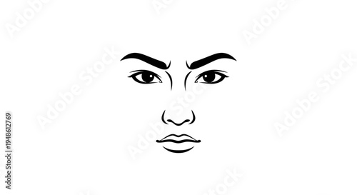 Angry Face Drawing, Intense Expression, Frowning Eyes and Lips, Black and White Line Art