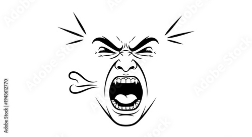 Angry Face Close-up, Screaming Mouth, Intense Emotion, Black and White Line Art