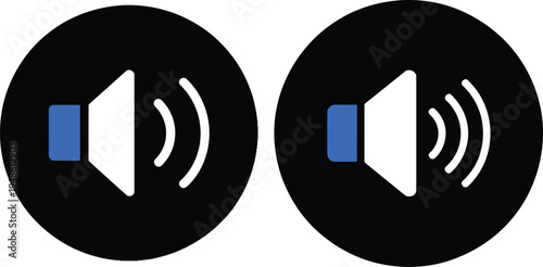 Iconic audio volume controls with monophonic speaker symbols on solid black circles
