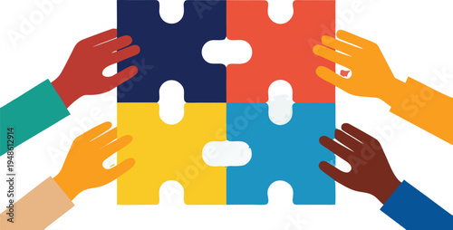 Four diverse hands with halftone textures hold four large interlocking puzzle pieces in blue red yellow and orange colors on a black background.