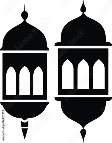 Monochromatic black minarets and lanterns with intricate islamic architectural domes arches