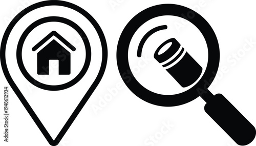 Monochrome location and detail magnification showing house and microscope lens black white