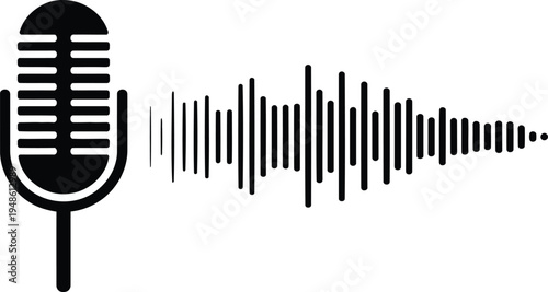 Monochrome microphone waveform sound depicting audio signal transmission soundwave