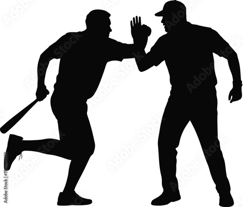 Silhouetted baseball players gesturing five during game moment glove