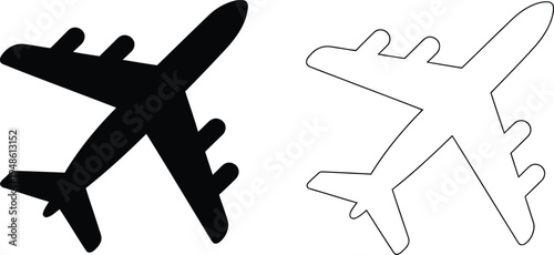 Simple black and white line of airplanes in side view silhouette
