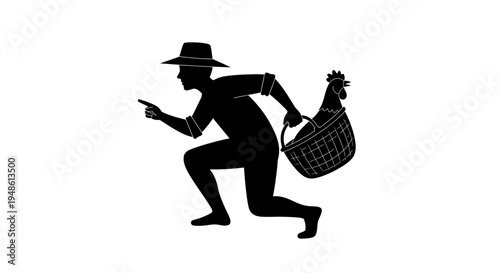 Silhouette of a farmer stealing a chicken in a basket, pointing and running