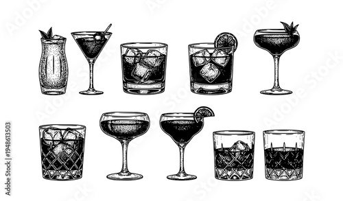 Vintage cocktail engraving set martini manhattan daiquiri old fashioned bar drinks vector