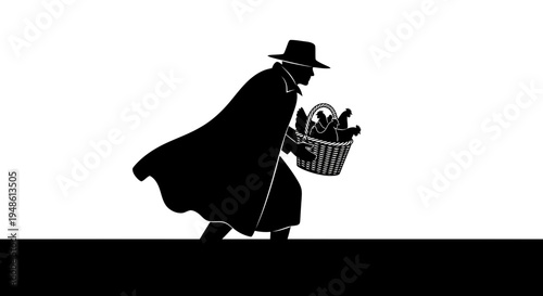 Silhouette of a person in a hat and cloak carrying a basket of chickens