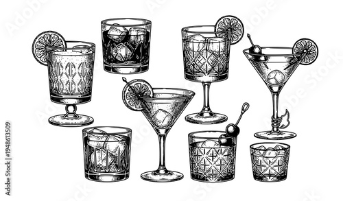 Classic cocktail drinks engraving vector martini daiquiri manhattan vintage bar illustration