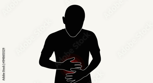 Silhouette of person holding stomach in pain, red circle indicating discomfort