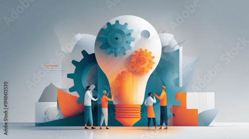 Modern flat vector illustration of diverse business team building a lightbulb