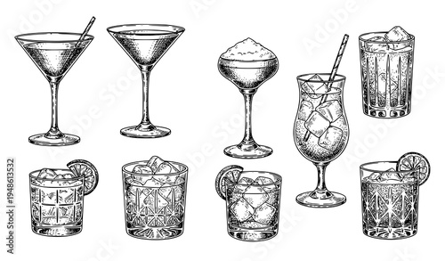 Hand drawn vintage cocktail engraving martini manhattan daiquiri bar drink vector set
