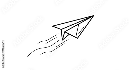 Simple black and white line drawing of a paper airplane flying with motion lines