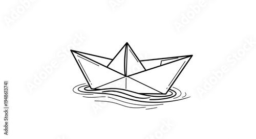 Paper boat floating on rippling water, hand-drawn sketch, simple, minimalist, childhood nostalgia