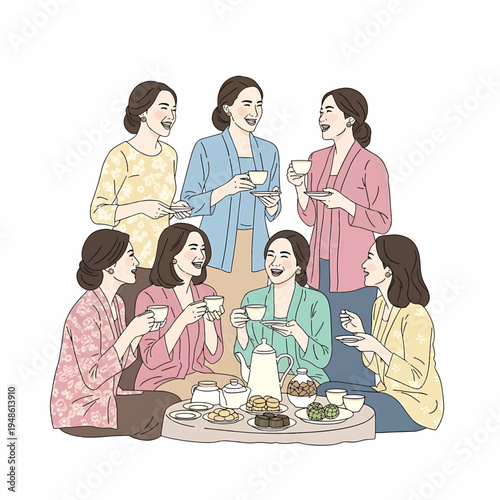 Group of women in pastel robes sharing tea and snacks in a cozy gathering