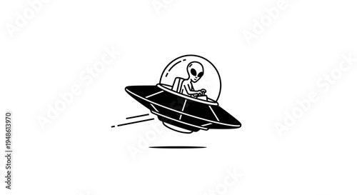 Minimalist Line Art Alien Flying Saucer UFO with Extraterrestrial Pilot on White Background