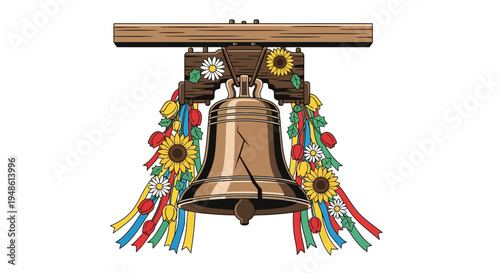 Illustration of a bronze bell decorated with colorful ribbons and sunflowers hanging from a wooden beam on a white background.