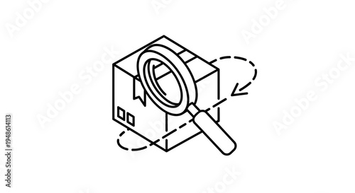 Isometric illustration of a package being inspected with a magnifying glass, symbolizing logistics and quality control.