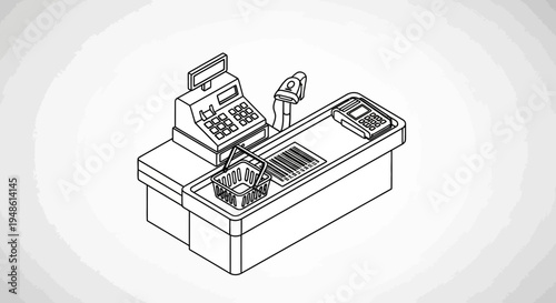 Isometric line art of a grocery checkout counter with cashier and scanner