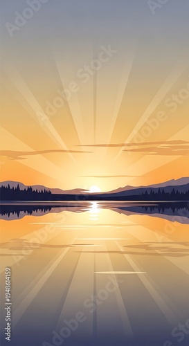 Serene Sunset Reflection over Calm Waters with Distant Mountains.