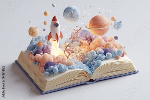 Cute isometric 3D illustration of open textbook with holographic educational elements