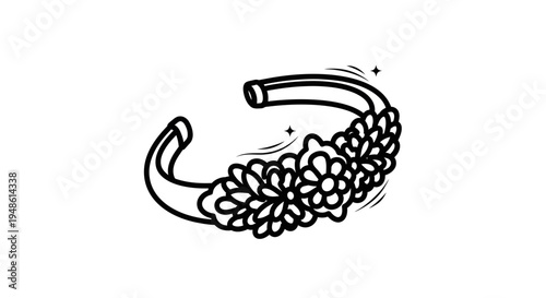 Hand-drawn floral headband, elegant hair accessory with blooming flowers, black and white sketch