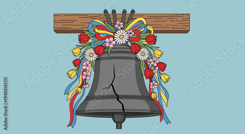 Illustration of a cracked bell decorated with colorful flowers and ribbons hanging from a wooden beam against a light blue background.
