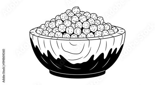 Hand-drawn illustration of a wooden bowl overflowing with chickpeas, black and white line art