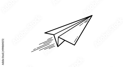 Hand-drawn paper airplane flying fast with motion lines, simple black and white sketch