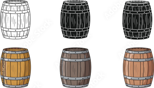 Wooden barrel set in line art black and color styles vintage storage container vector illustration for brewery winery and whiskey design