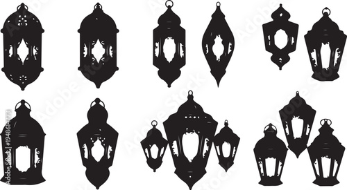 Collection of black lantern silhouettes on white background